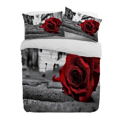 Rosenrote Blumen Retro Straße Bettbezug mit Kissenbezug Kundenspezifisches 3-teiliges Bettwäscheset Steppdeckenbezug Doppelbett Heimtextil