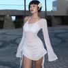 European and American spring and summer slanted shoulder long sleeved hooded dress, sexy perspective pleated dress for women