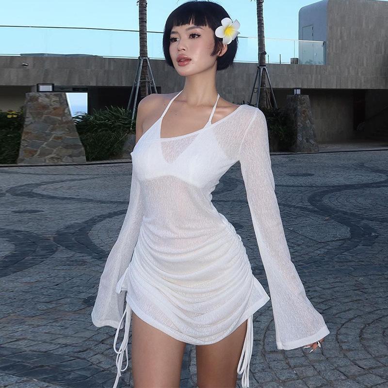 European and American spring and summer slanted shoulder long sleeved hooded dress, sexy perspective pleated dress for women