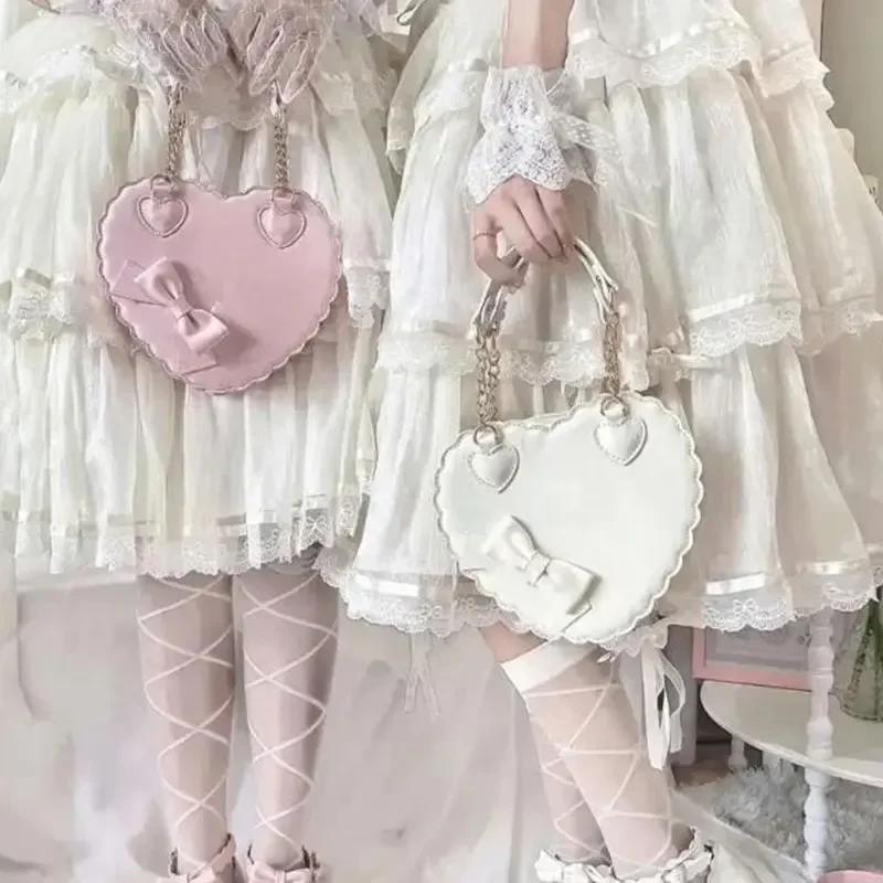 PU Heart Lolita Handbag with Bow Decor Two Sizes Japanese Kawaii Shell Purse Pink Messenger Bag Casual PU Bag