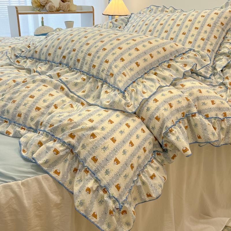 3/4Pc Korean Princess Style Floral Ruffles Bedding Set Single Queen Size Soft Skin-friendly Washed Cotton Duvet Cover Pillowcase