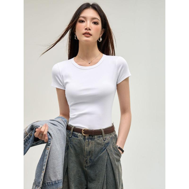 Front Shoulder Short-sleeved Shirt Women's Spring and Summer New Solid Color Versatile Simple Round Neck Slim-fitting Inner Top