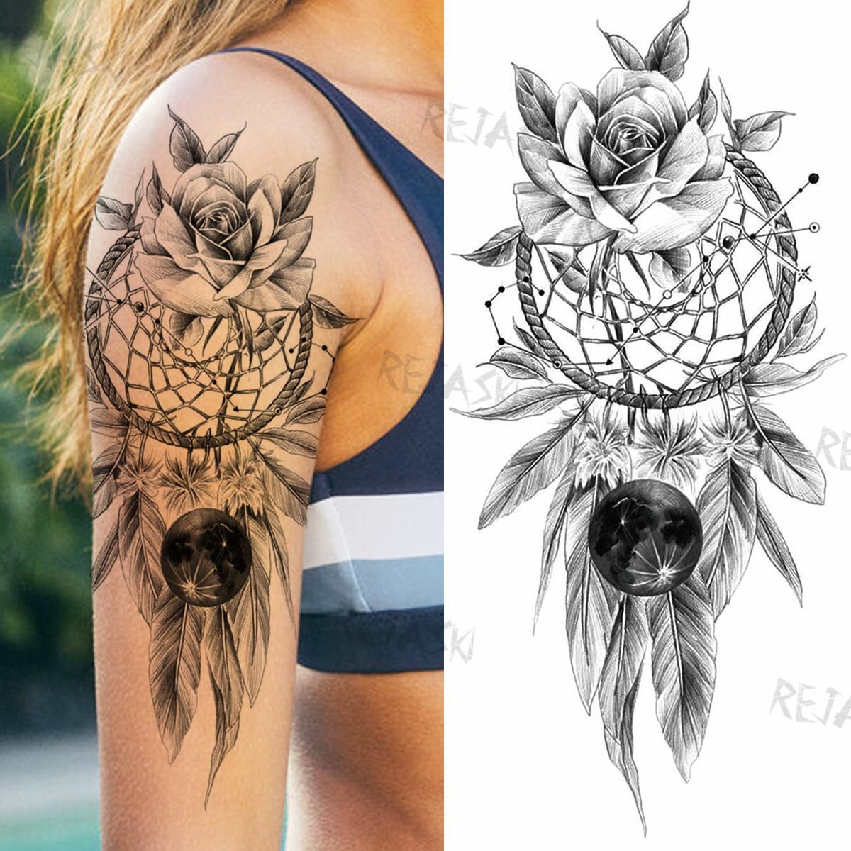 

Большой Ловец снов перо Роза временные татуировки для женщин и девочек роза водостойкая поддельная татуировка наклейка рука назад татуировки шоу