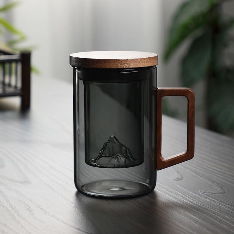 500ml Heat Resistant High Borosilicate Glass Tea Water Separation Tea Cup with Wooden Lid Handle Flower Tea Making Mug Water Cup
