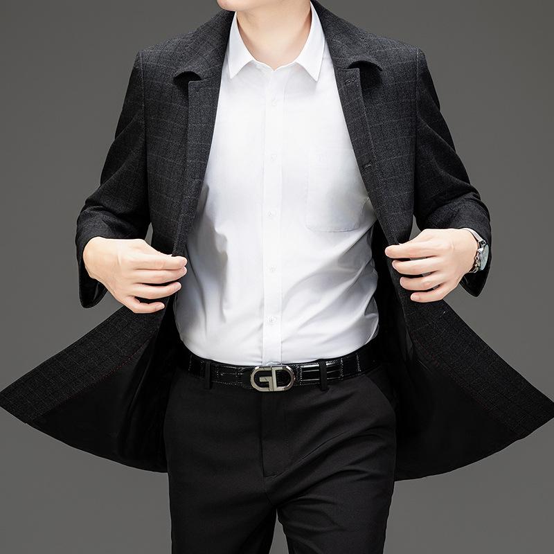 Autumn and winter men's wool windbreaker mid-length business casual lapel coat middle-aged and elderly dad plaid coat