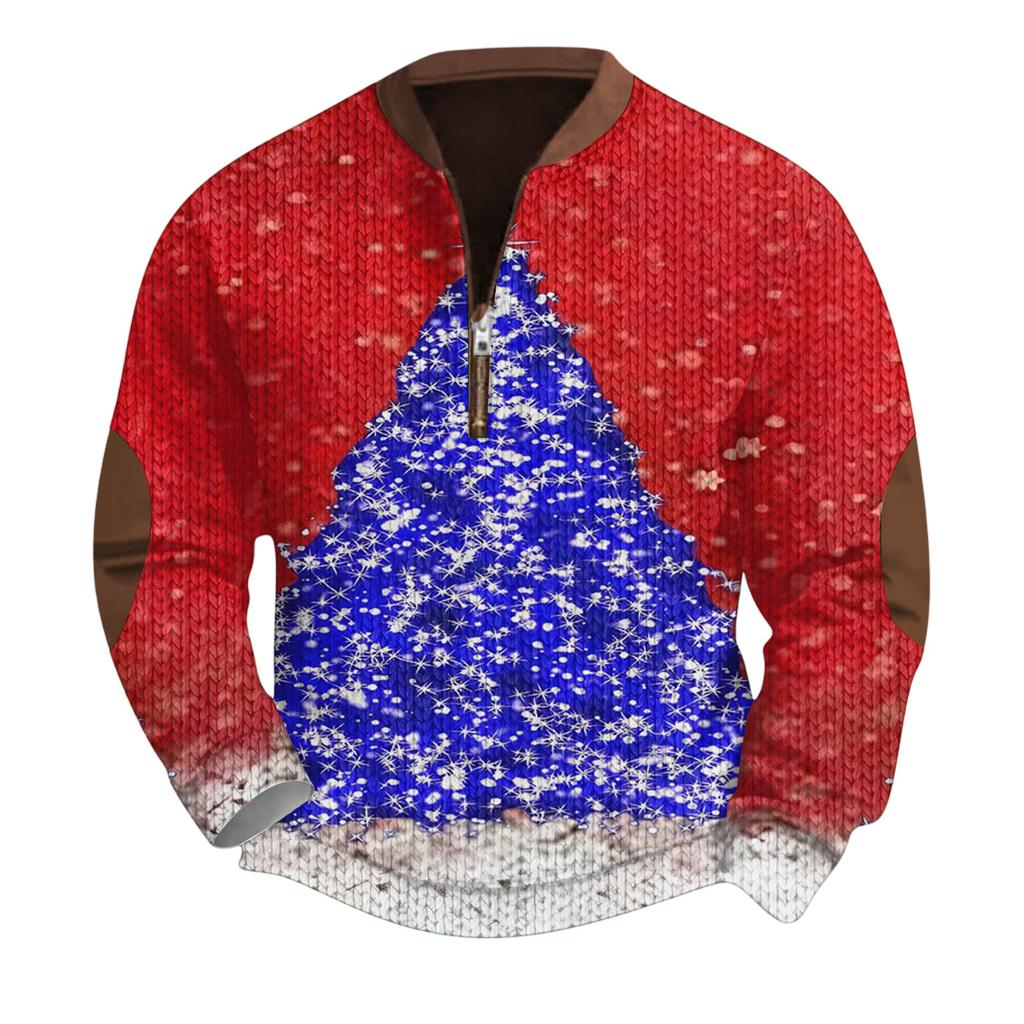 Mens Christmas Sweater Zip Up Sweatshirts Vintage Knit Graphic Sweatshirt Xmas Stand Collar Pullover