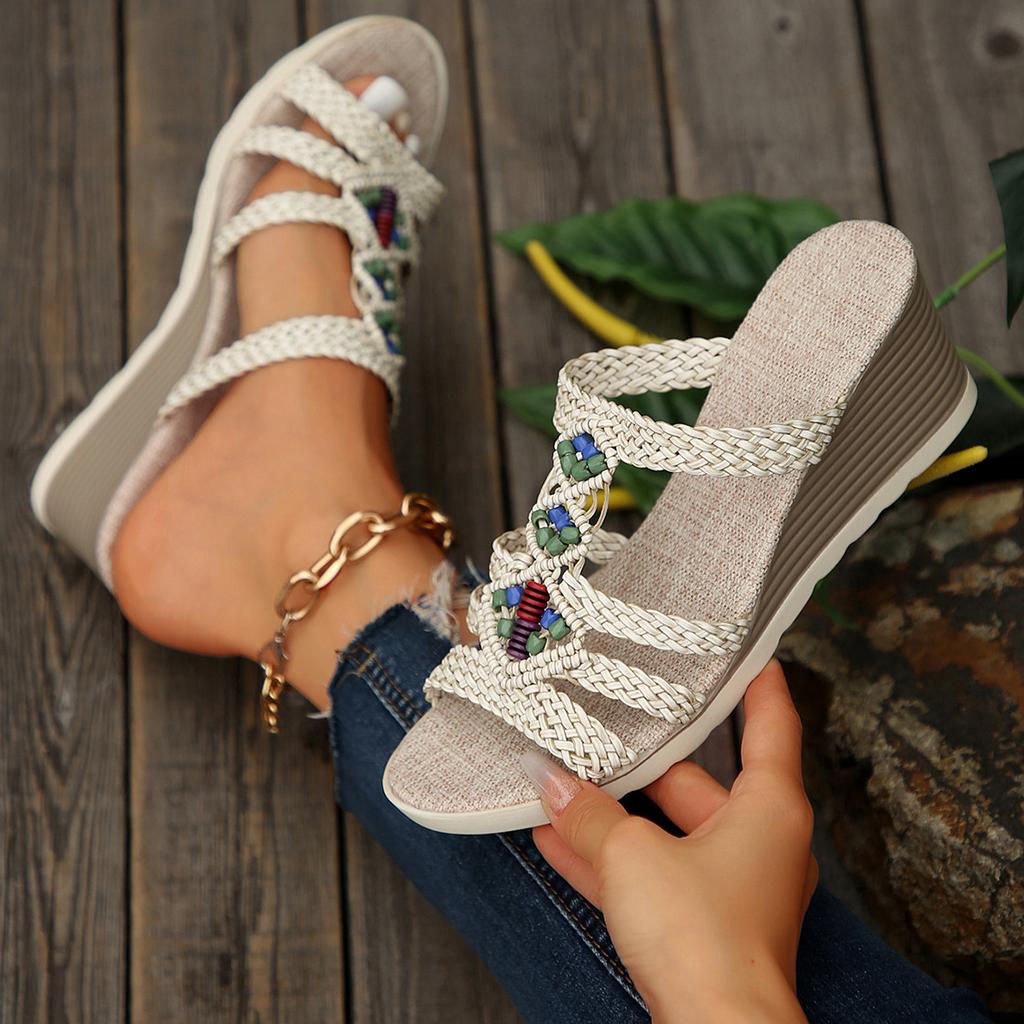 Plaid Thick-soled Slope Heel Cool Slippers Women's Summer New Light Outer Wear Beach Sandals