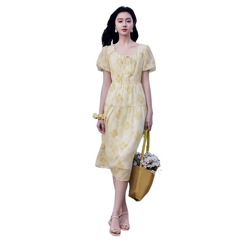 Xiangying Floral Puff Sleeve Chiffon Dress S