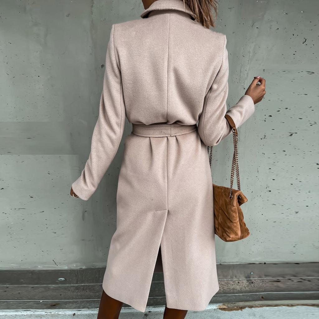 Women's Long Wool Trench Coat, Elegant Belted Overcoat with Lapel Collar for Winter Fashion