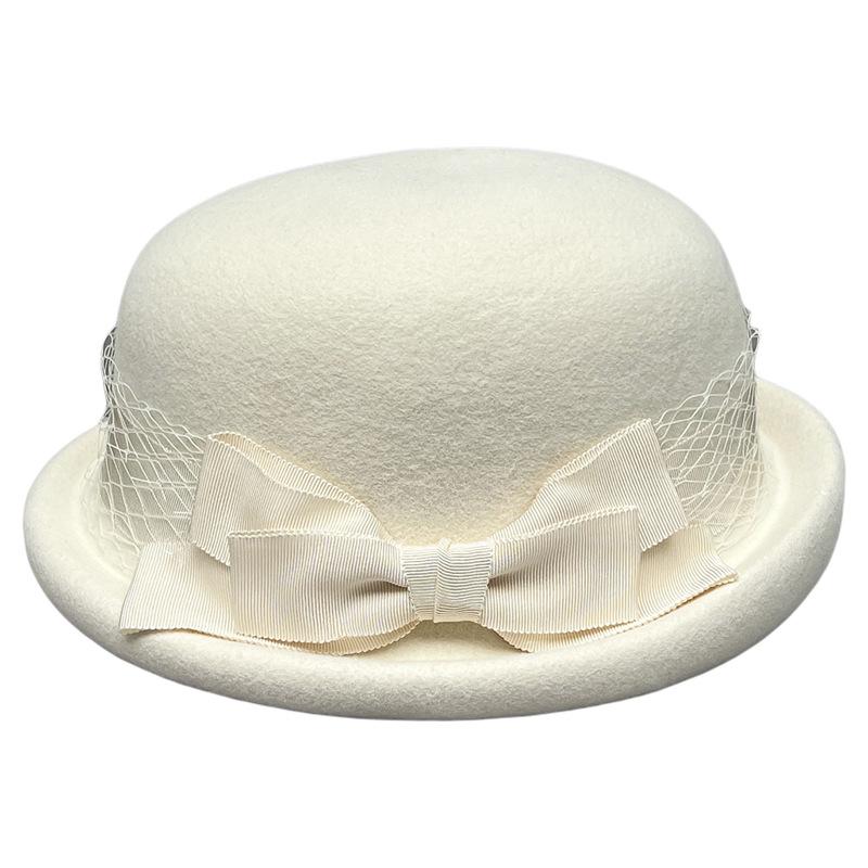 Japanese Drama Atmosphere Wool Bowler Hat Autumn And Winter Mesh Bow Elegant Curling Bucket Hat Fashion Basin Hat