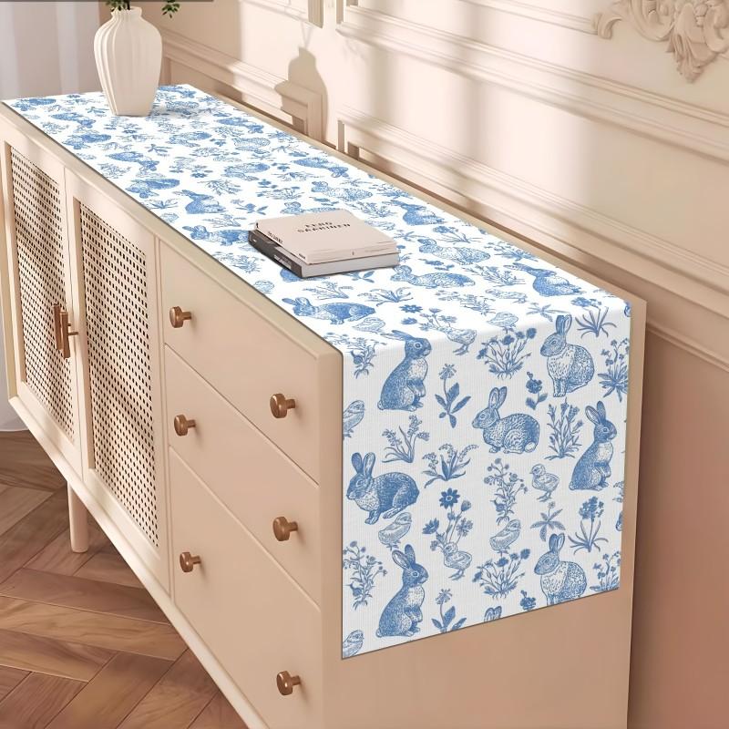 1PCS Chinoiserie Blue Flower Linen Table Runner Reusable Dresser Scarf Kitchen Dining Table Decor Holiday Party Decor