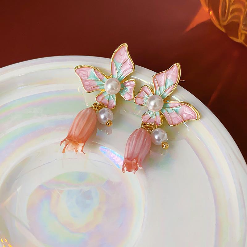 

Винтажные средневековые серьги-колокольчики с серебряной иглой, бабочкой, цветком, каплей масла и жемчугом – Ретро-элегантность Silver Needle розовый