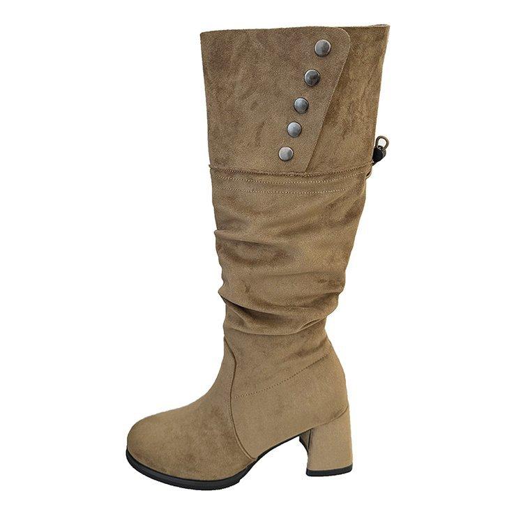 Suede Vintage Two Wear Fold High Heel Pile Boots Long Boots Thick Heel Brown Maillard Western Knight Boots