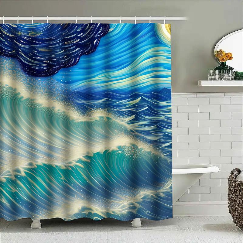 Artistic Ocean Waves Shower Curtain Modern Blue White Design for Bathroom Decorations 3D Printed Waterproof Fabric Easy To Hang