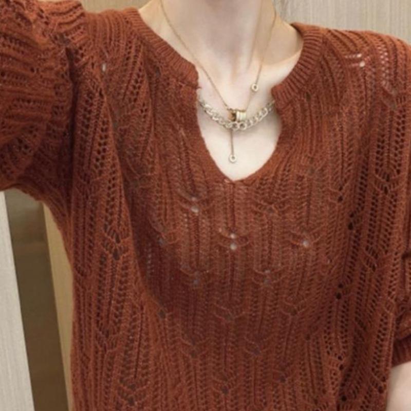 

Осенний однотонный полый V-образный вырез свободный и ленивый стиль вязаный свитер для женщин в верхней одежде 2XL коричневый