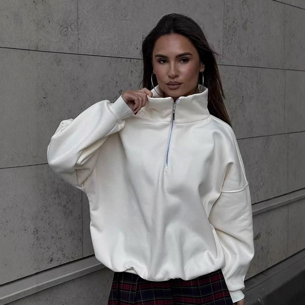 2025 Autumn and Winter Solid Color Outer Wear Half Zipper Stand-up Collar Trendy Fleece Thickened Lapel Sweater Loose Top S 2825₽