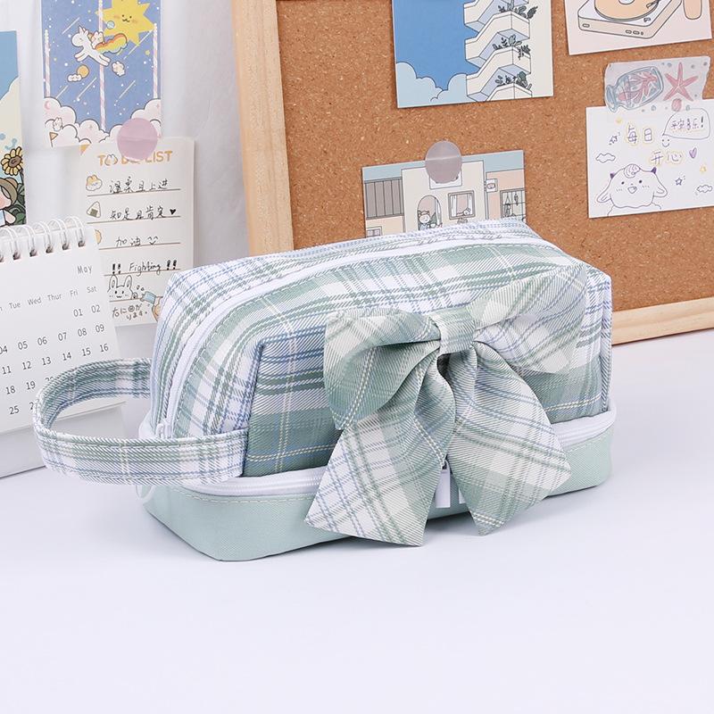 Large-capacity Double-layer Pencil Case Japanese Canvas Student Girl Heart Lattice Plaid Pencil Case Cute Bow Gifts for Girls