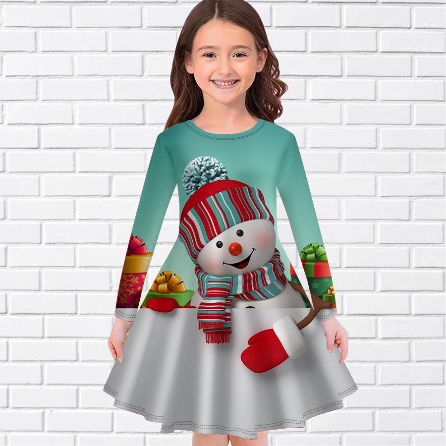 

Повседневное платье для девочек с круглым вырезом и длинными рукавами и принтом снеговика, детское платье принцессы 180 светло-зеленый