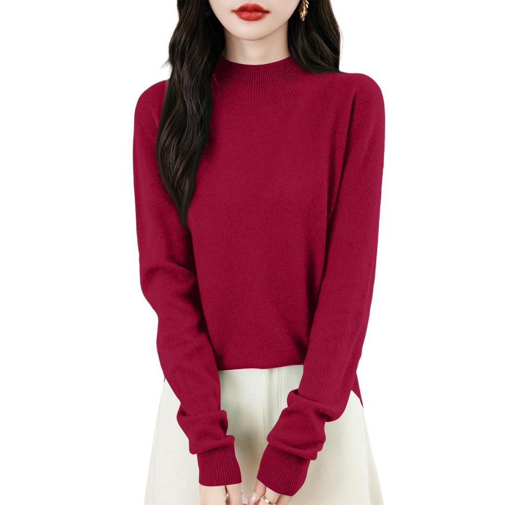 Women's Fashion Flat-Knit Half-Turtleneck Pullover Sweater Solid Color Long-Sleeve Top