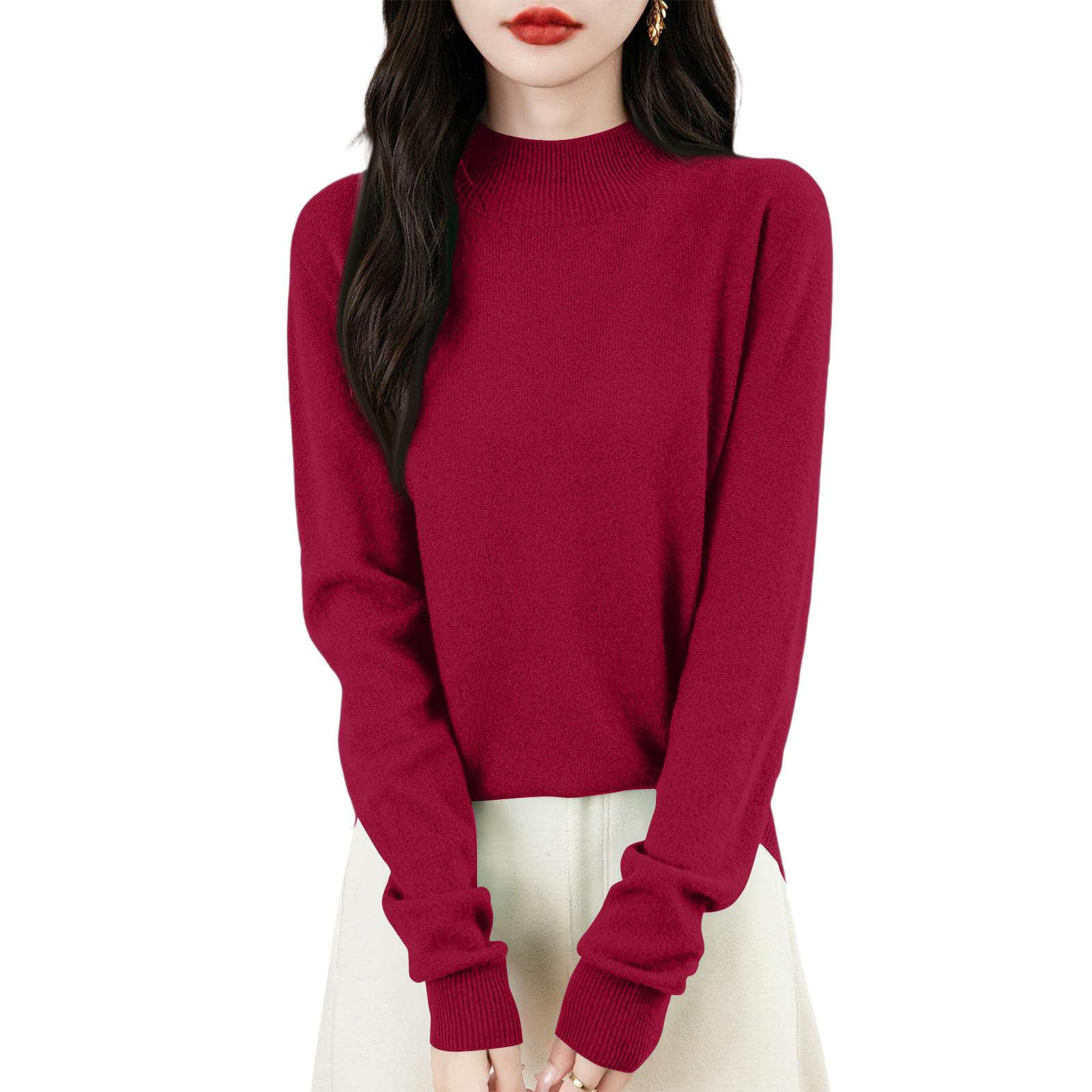 

Women s Fashion Flat-Knit Half-Turtleneck Pullover Sweater Solid Color Long-Sleeve Top XL винный