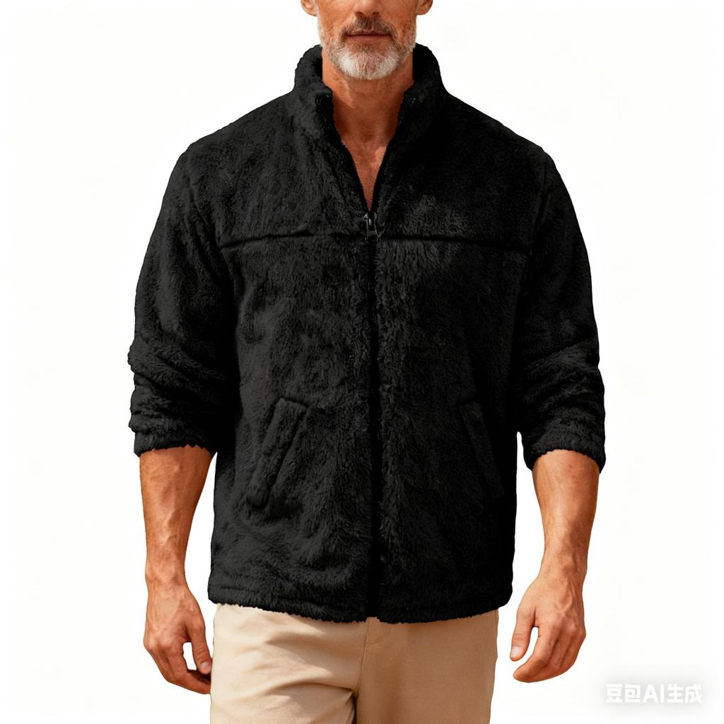 Men's Casual Solid Color Stand-up Collar Fleece Jacket, Men's Loose Zipper Long-sleeved Fleece Jacket