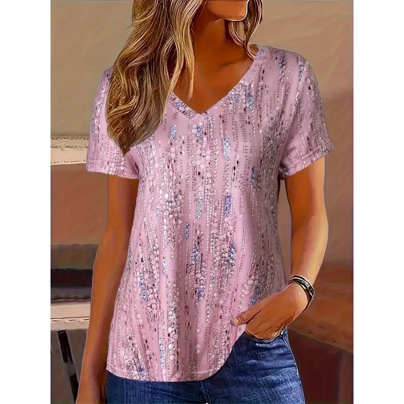 Spring and summer popular all-over printed V-neck T-shirt for women, loose slimming casual short-sleeved top, versatile and trendy