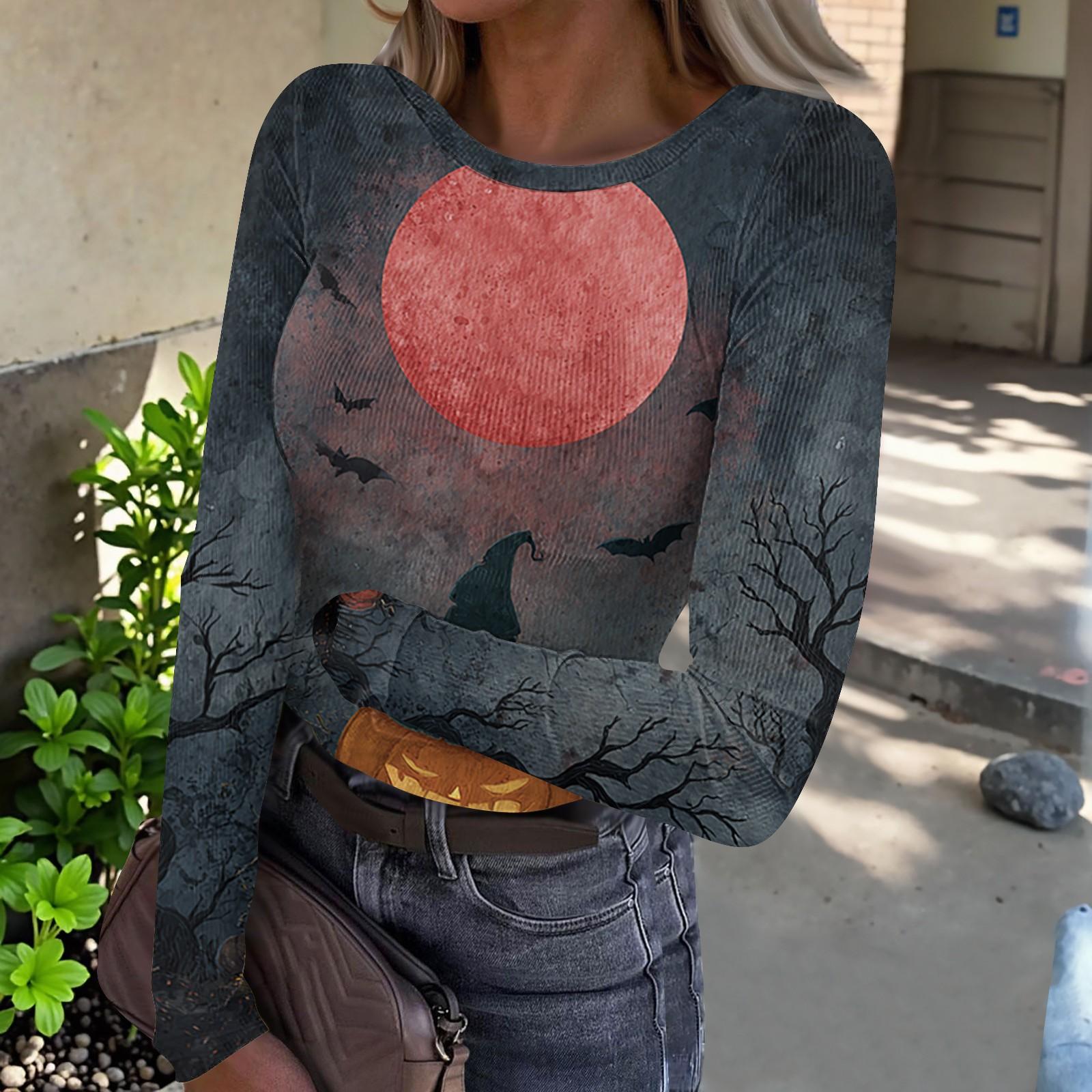 Women s Casual Round Neck Long Sleeve Ribbed Halloween Print Top S