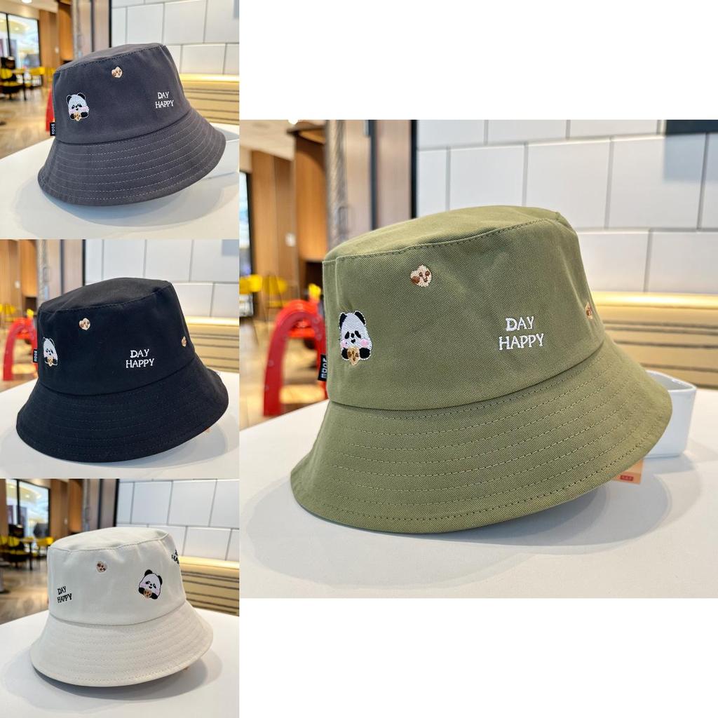 Cute Panda Embroidered Foldable Fisherman Hat For Women Uv Protection Sun Hat For Outdoor Activities