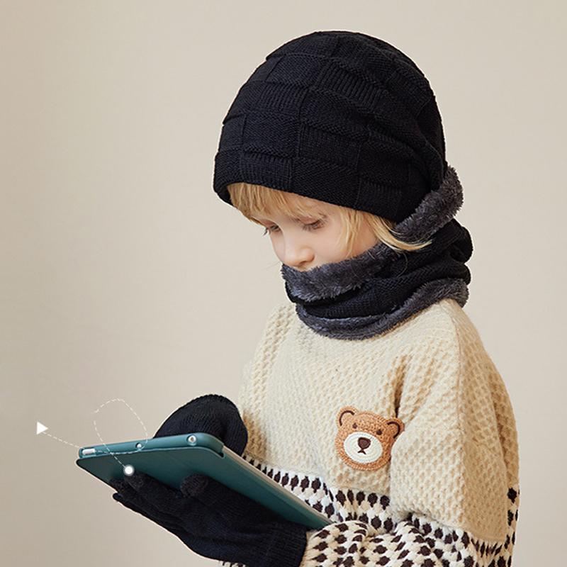3Pcs Kids Winter Hat Scarf Gloves Set Plush Lining Children Beanie Neck Warmer Non-slip Gloves Kids Cap Set for Girls Boys