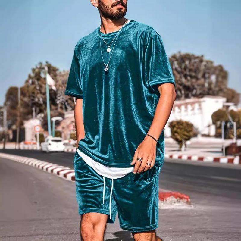 

Mens Casual Velvet Short Sleeve T Shirt And Drawstring Shorts Set S синий