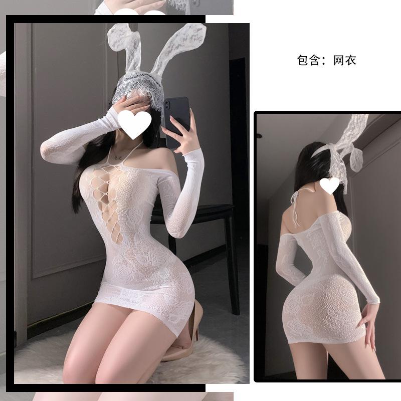 Sexy Underwear At the End of the Season, Sexy Suspenders Hanging Neck, Fishing Net, Hip Skirt, Jacquard Plumes, Perspective Can Be Torn Mesh Women W