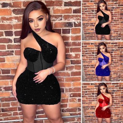 Women Dress One Shoulder Shiny Sequin See-through Mesh Patchwork Slant Neck Sleeveless Backless Sheath