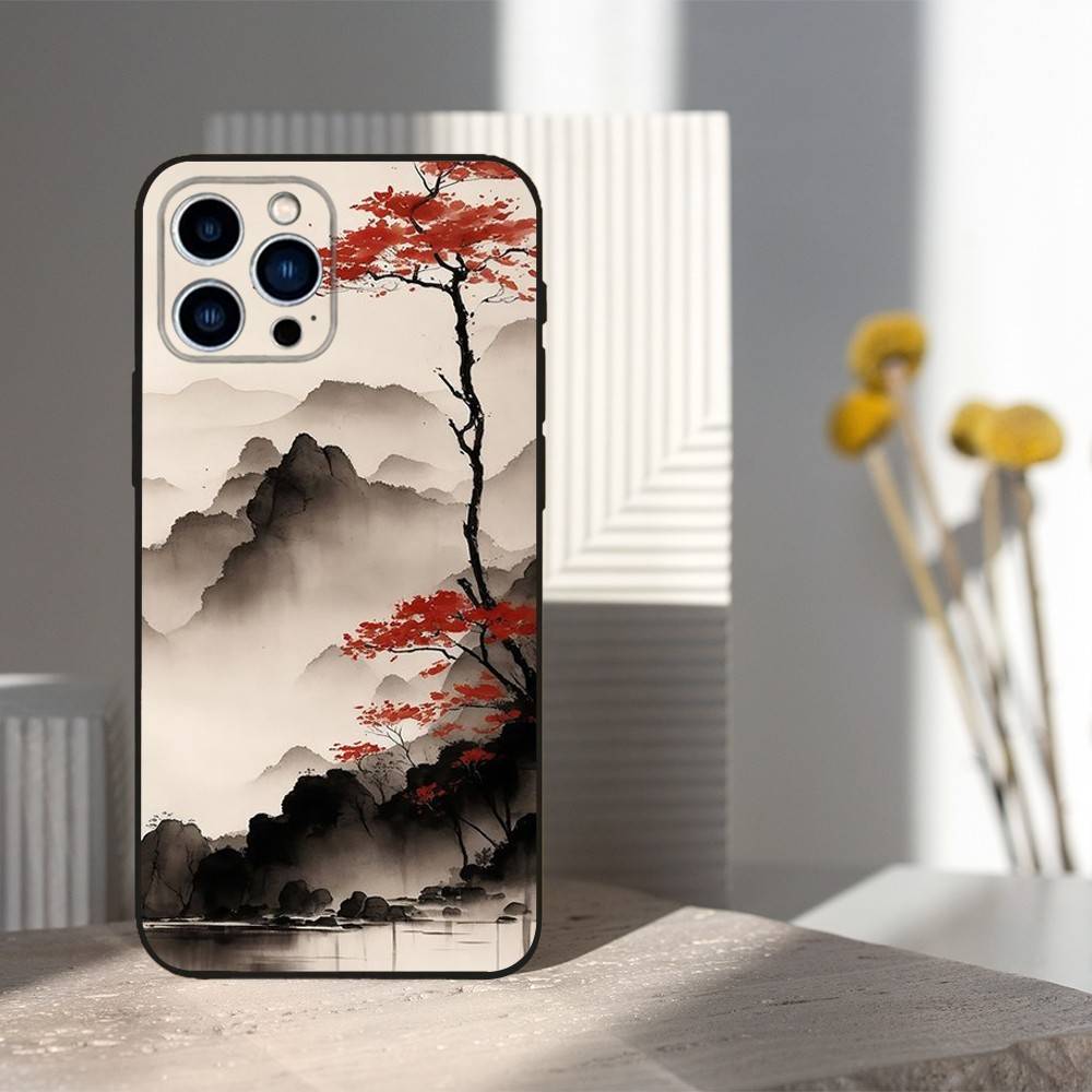 Japanischer Kunststil Hülle Für iPhone 11,12,15,14,13,16,17,Plus,Pro Max,XS,X,XR,SE,Mini,8,7,Weiches Silikon Schwarz