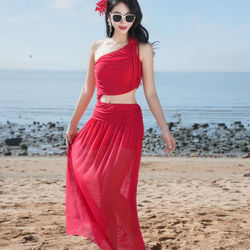 Luxury Red Off-Shoulder Thai Bikini with Long Skirt - Women's Sexy Resort Swimwear