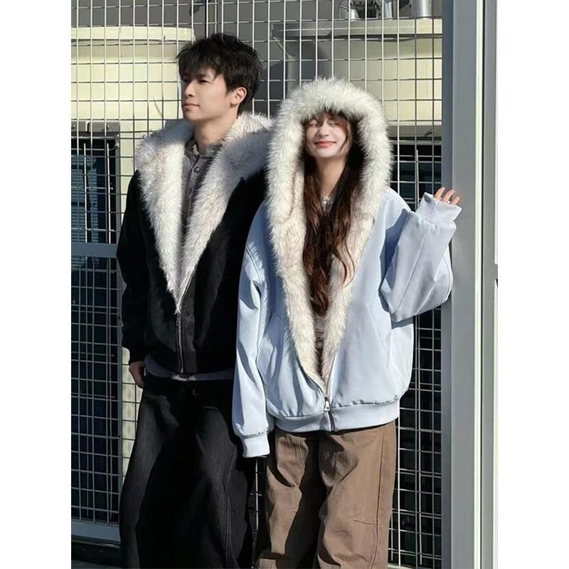 Unisex Hooded Fleece-Lined Cotton Puffer Jacket Winter Warm Short Coat Men Women Casual Streetwear