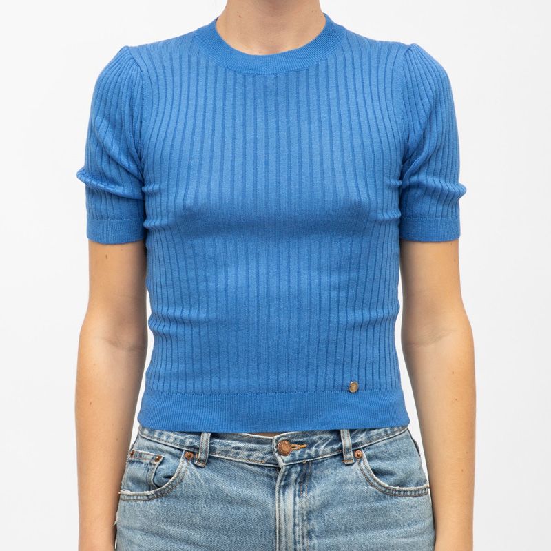 Blue Ribbed Knit Short-sleeved Sweater Woman LA PETITE ETOILE