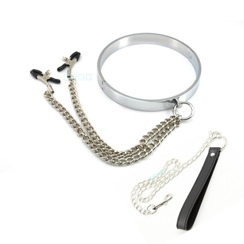 Metal Traction Collar with Nipple Clamps for BDSM Slave Training