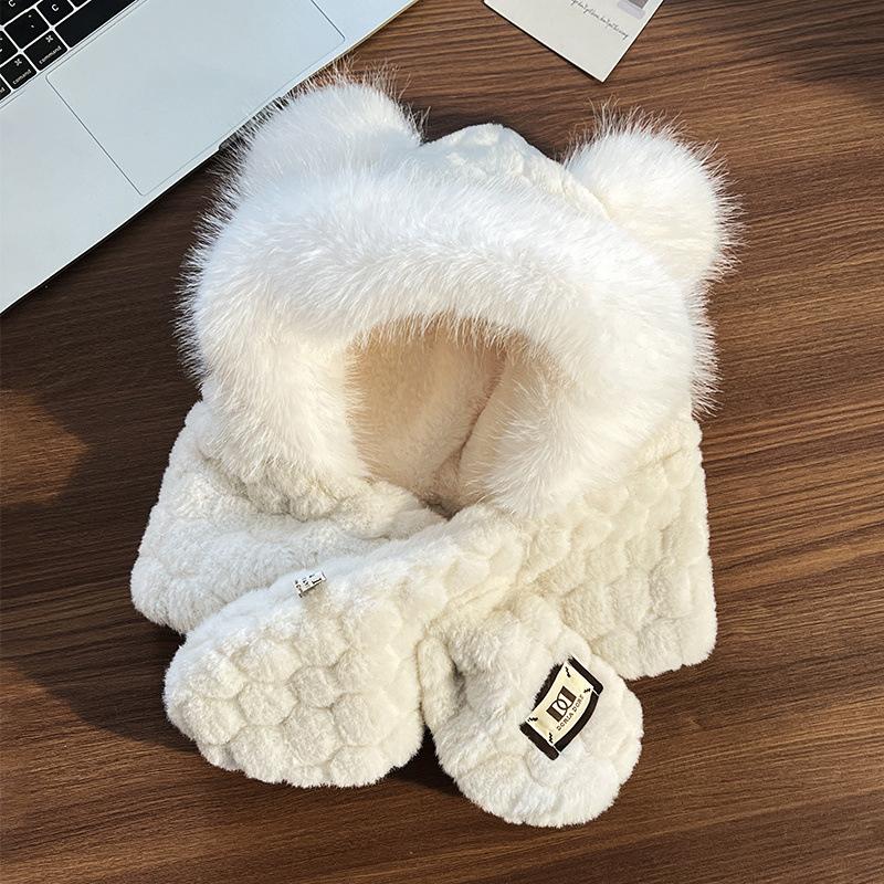 Bear Plush Hat Scarf Integrated Female Winter Cute Furry Face Small Thickened Warm Ear Protector Lei Feng Hat