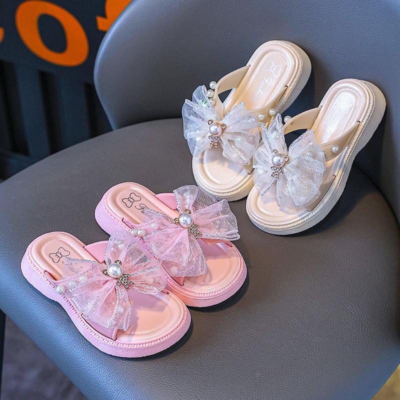 Girls Lace Mesh Slippers Summer New Girls Soft Sole Pearl Bao Head Princess Shoes Girls Sandals