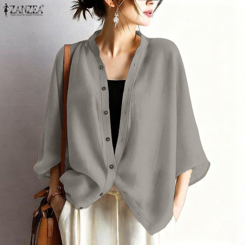 ZANZEA Women Round Neck Loose Casual 3/4 Sleeve Blouse