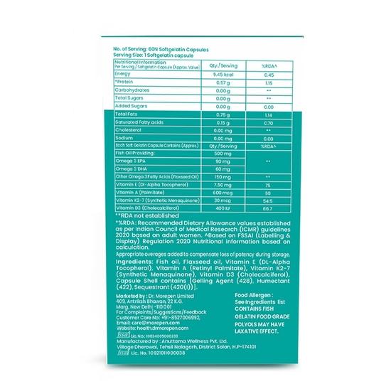 Dr. Morepen Omega 3 Olej Rybi 500 mg 300 mg EPA & DHA|Olej Rybi o Wysokiej Mocy 60 Kapsułek (Opakowanie 2),2 liczyć