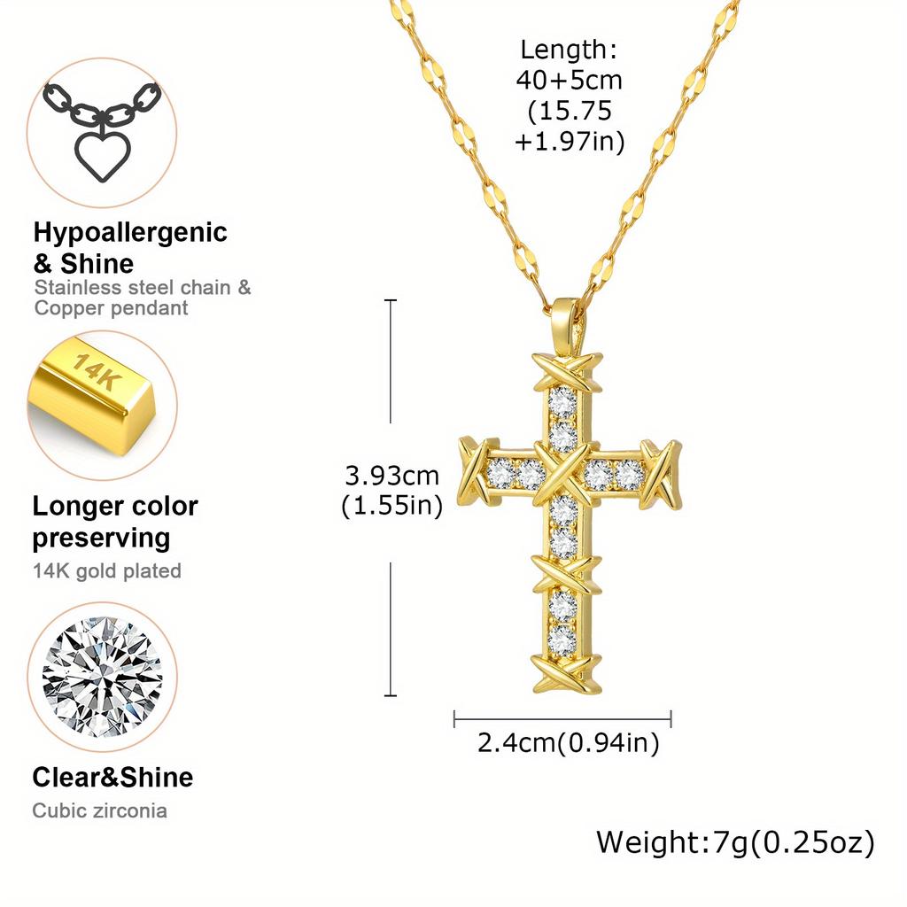 Cross Zircon Pendant Necklace for Women, 18k Gold Plated Clavicle Chain Necklace Religion Jewelry