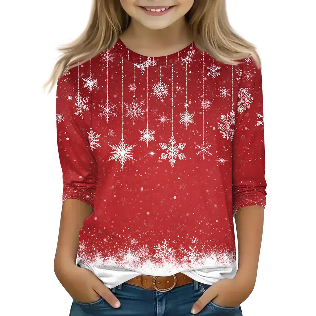 Christmas Day Print Tops For Youth Girls 4-11 Years Round Neck 3/4 Sleeves T-Shirts Trendy Tops Outfit Tees