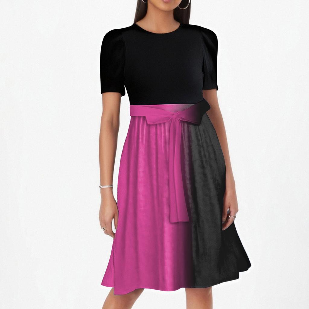 Women's Fashionable Casual Belt Short Sleeved Round Neck Printed Patchwork Dress