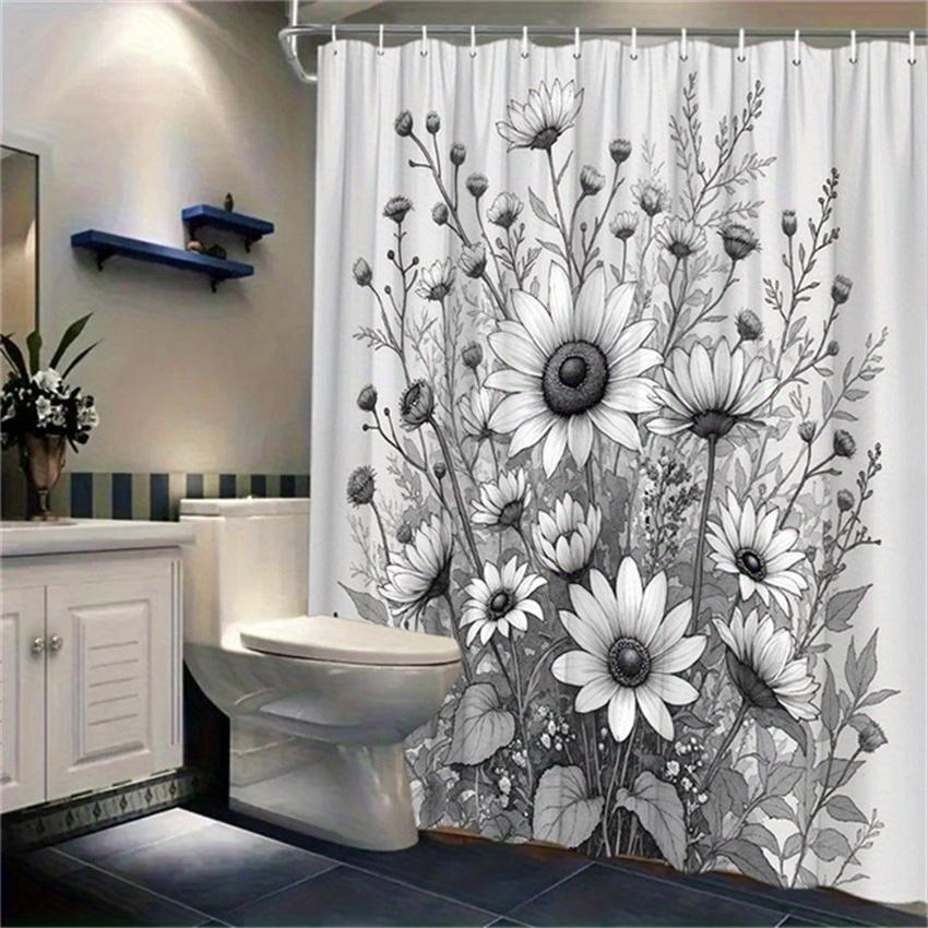 Monochromatic Botanical Shower Curtain - Floral Design, Polyester, 70.8x70.8 Inches