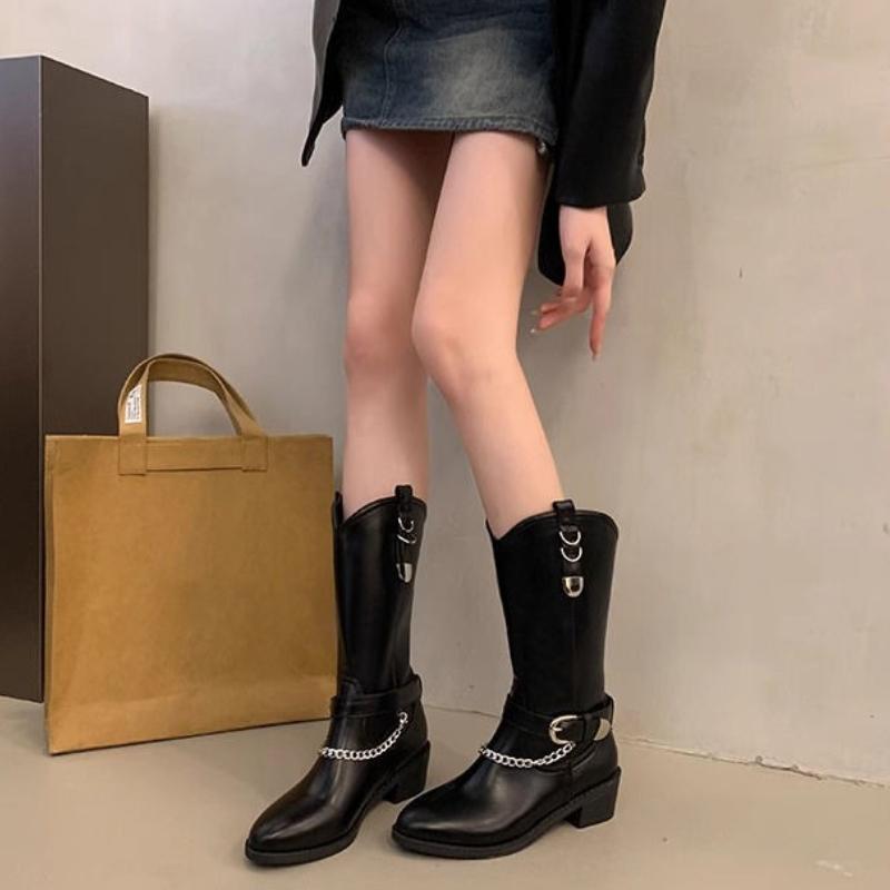 Fashion New in Sale Chain Belt Buckle Pointed Toe Mid Calf Shoes Woman Trend 2025 Chic and Elegant Gyaru 39 Half High Boots for Women