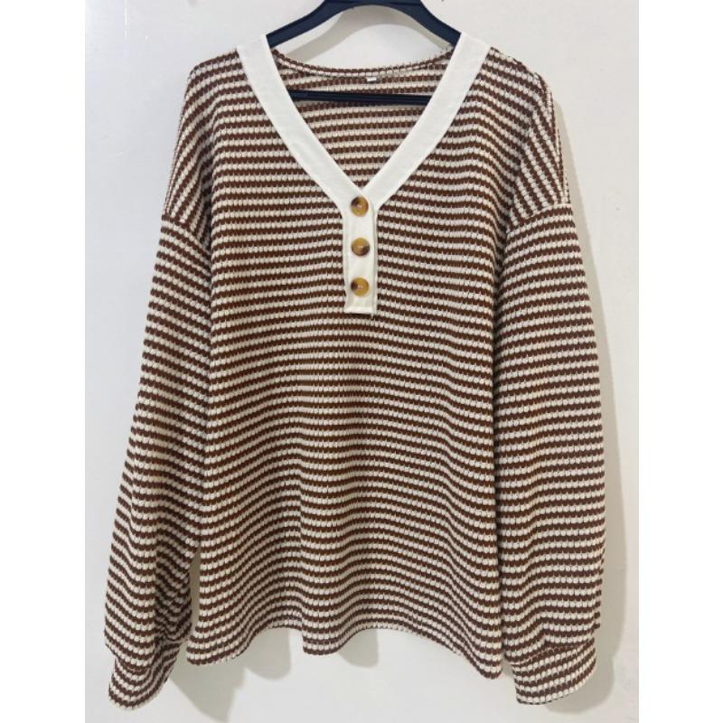 Women V Neck Button Patchwork Color Block Casual Long Sleeve Pullover T Shirt