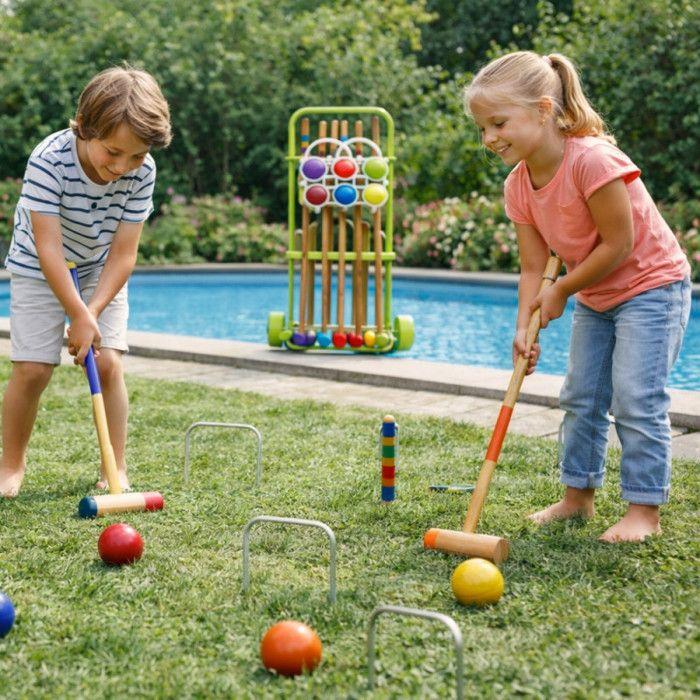 Jeu de croquet - FERRY JOUETS - Complet 6 joueurs - Bois - Chariot de transport - Multicolore