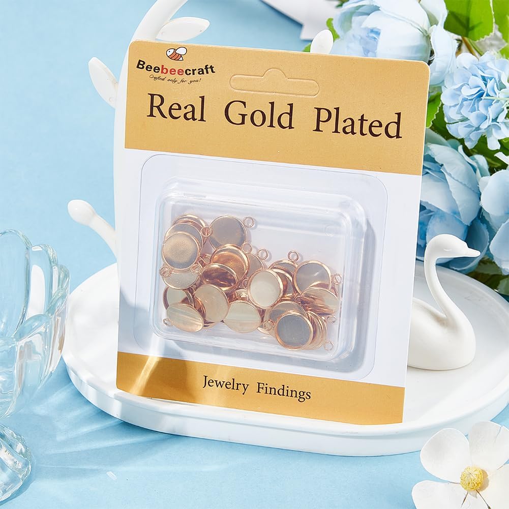 Beebeecraft 1 Box 40Pcs Flat Round Charm 24K Gold Plated Brass 12mm Blank Bezel Tray Charms Cabochon Settings with Loop for Jewelry Making