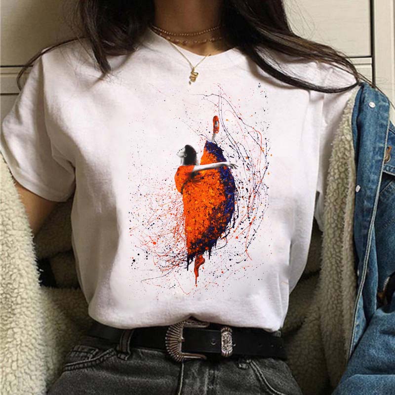 New Watercolor Ballet Dancer Print Women's T-shirt Casual Dance Ballet Round Neck Summer Outfit Harajuku Retro Top